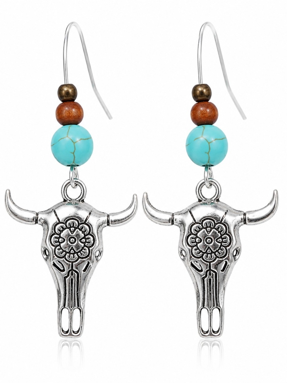Turquoise Bull Skull Drop Earrings Western Boho Statement